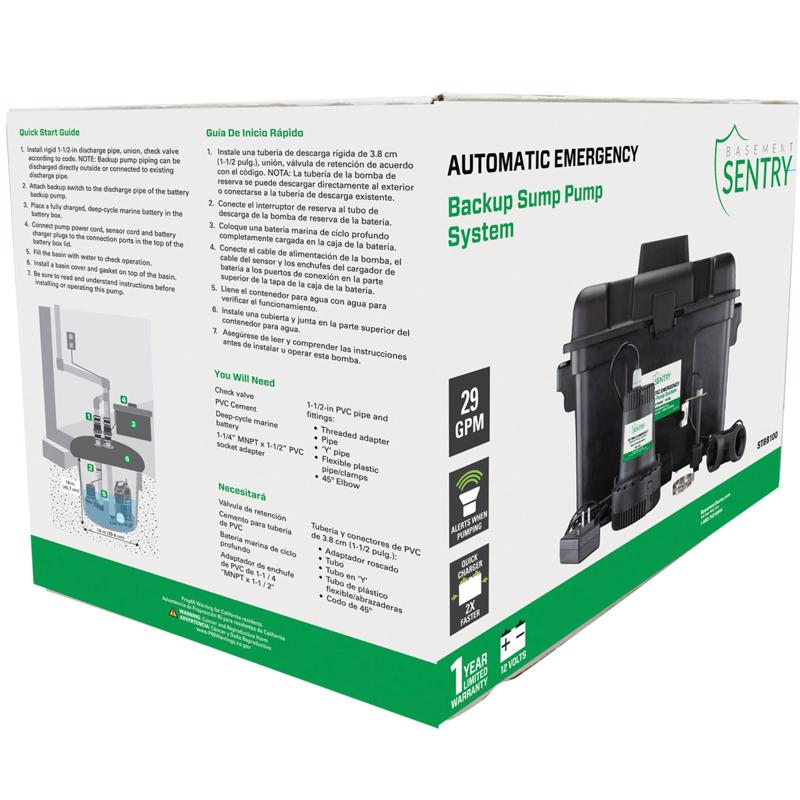 Basement Sentry 1200 gph Thermoplastic Vertical Float Switch Battery Submersible Backup Sump Pump