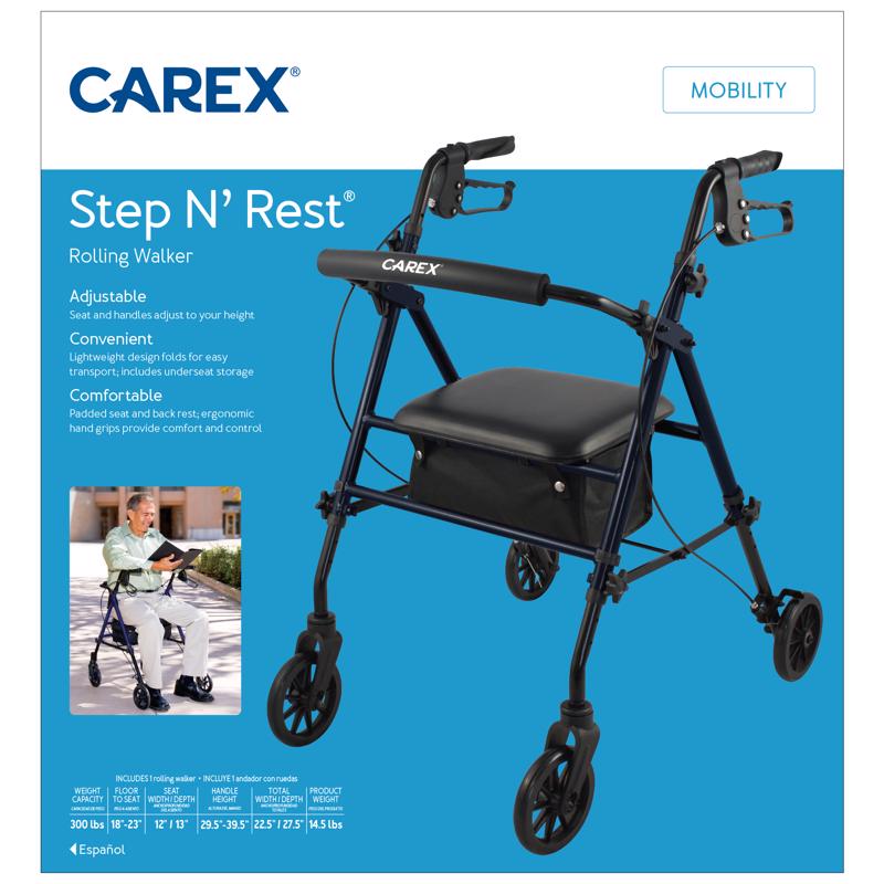 Carex Step N' Rest Blue Rolling Walker Aluminum/Plastic 39 in. H X 22.5 in. L