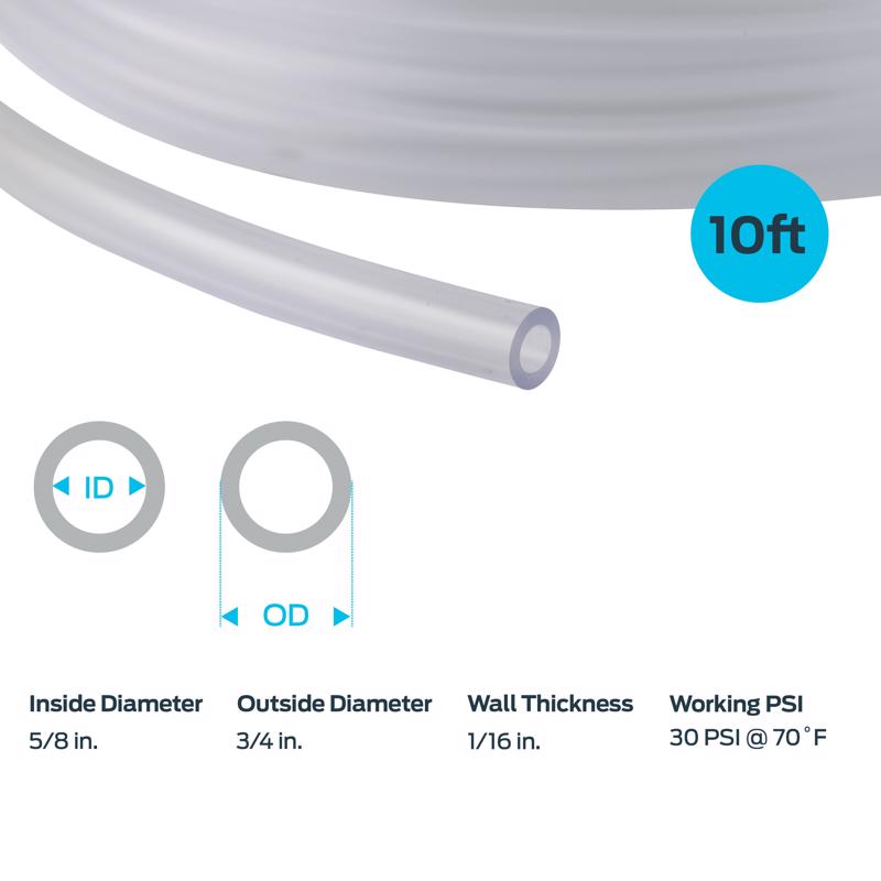 EZ FLO 5/8 in. D X 3/4 in. D X 10 ft L PVC Vinyl Tubing