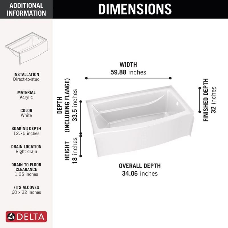 Delta Faucet Classic 500 18 in. H X 60 in. W X 32 in. L White Bathtub