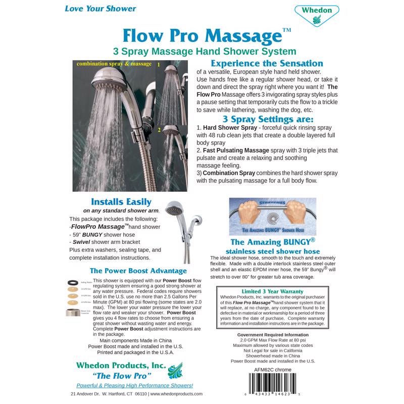 Whedon Flow Pro Polished Chrome Plastic 3 settings Handheld Showerhead 2 gpm