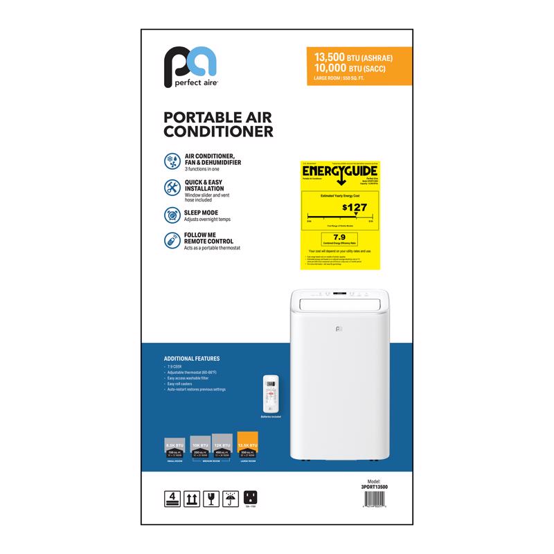 Perfect Aire 450 sq ft 3 speed 13500 (10000 SACC) BTU Portable Air Conditioner with Remote