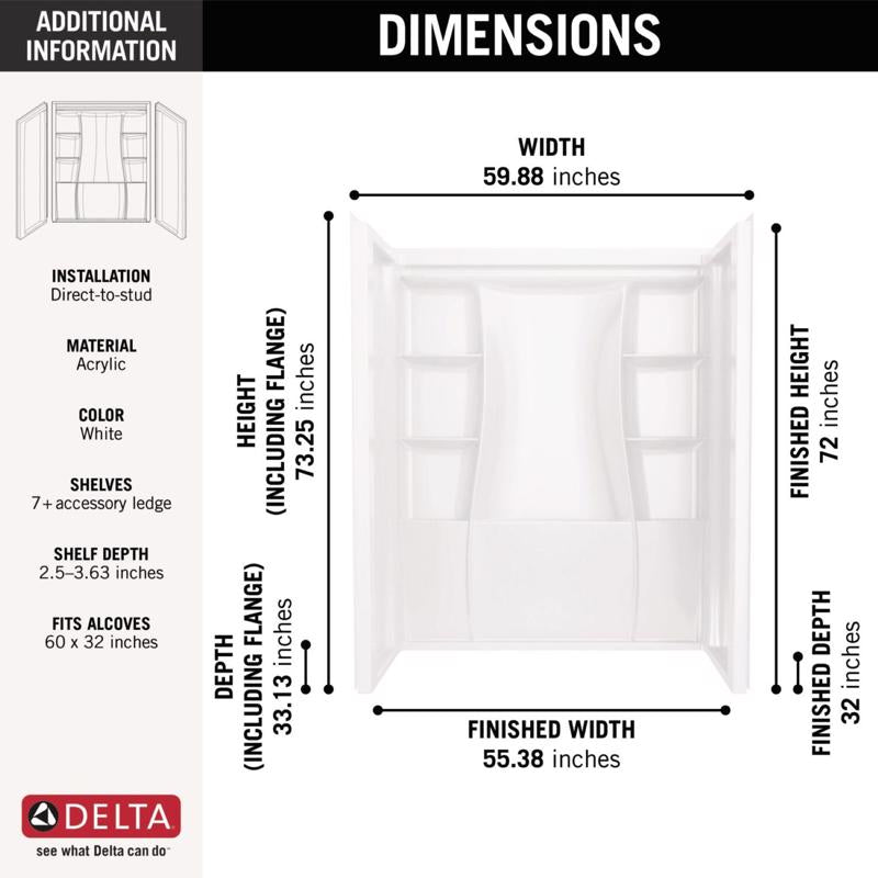 Delta Classic 500 73-1/4 in. H X 32 in. W X 60 in. L White Shower Wall Set