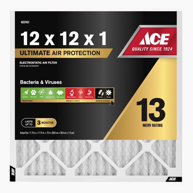 Ace 12 in. W X 12 in. H X 1 in. Polypropylene 13 MERV Pleated Air Filter 1 pk