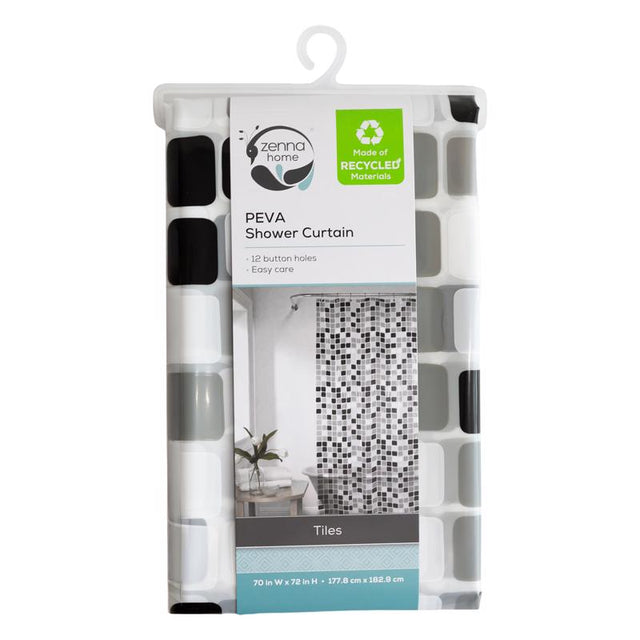 Zenna Home 72 in. H X 70 in. W Black Tiles Shower Curtain PEVA