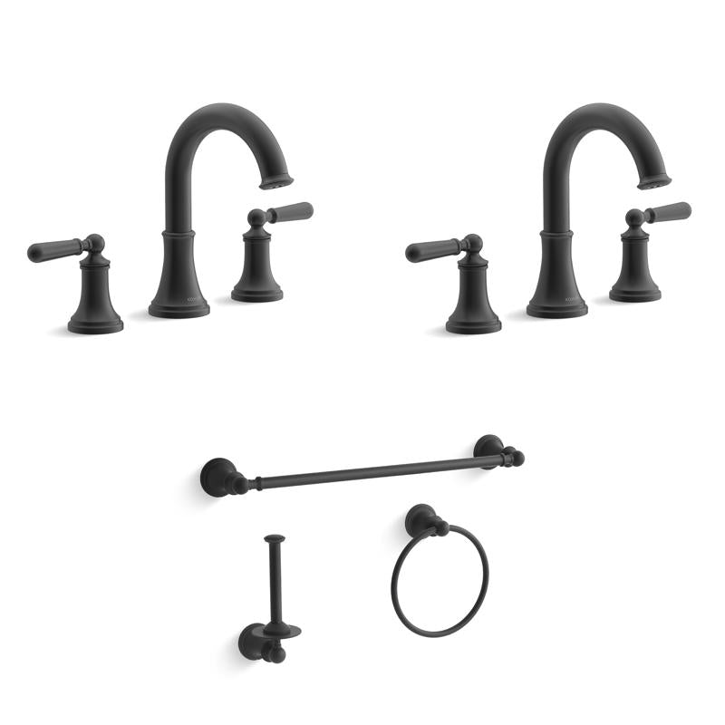 Kohler Facile Traditional 8 Inch Widespread Matte Black Faucet and Bath Hardware Kit