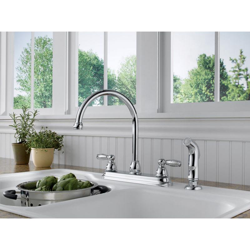 Peerless Claymore Two Handle Chrome Kitchen Faucet Side Sprayer Included