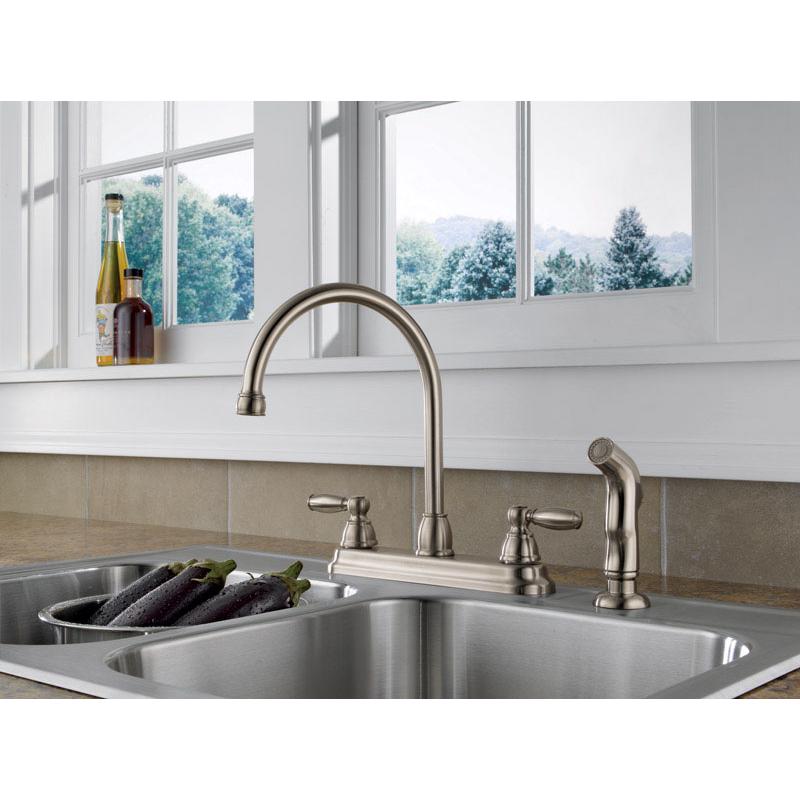 Peerless Claymore Two Handle Stainless Steel Kitchen Faucet Side Sprayer Included
