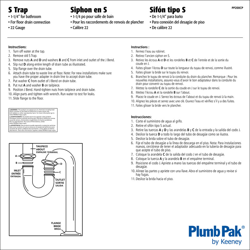Plumb Pak 1-1/4 in. D Brass S-Trap