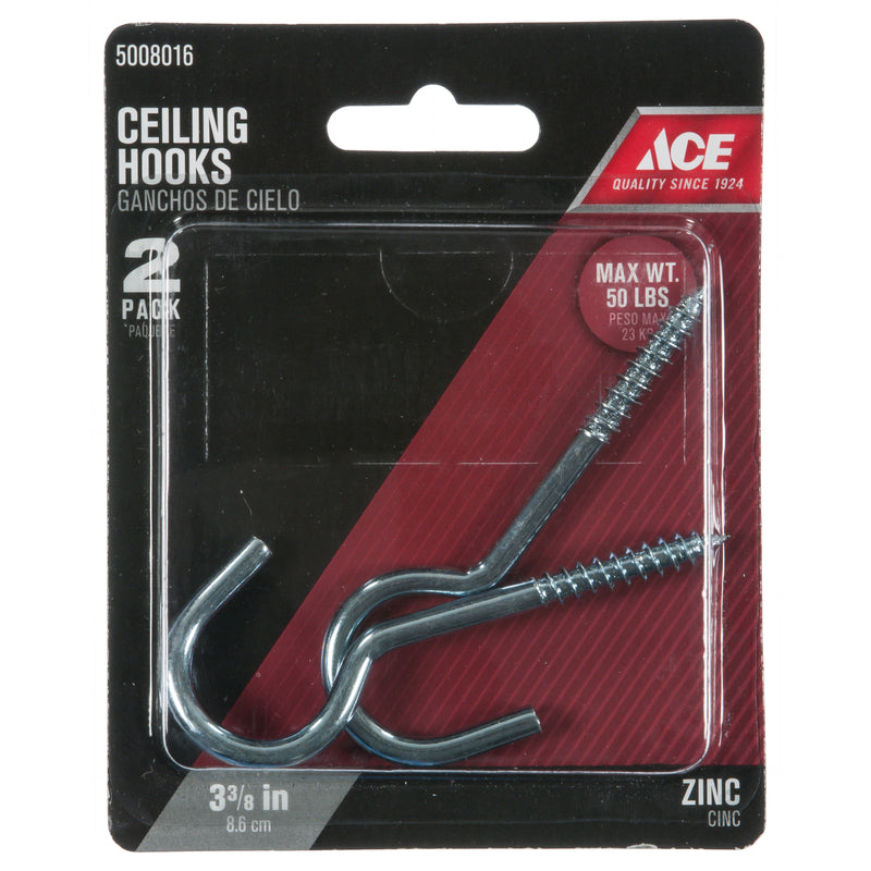 Ace Small Zinc-Plated Steel 3.375 in. L Ceiling Hook 50 lb 2 pk