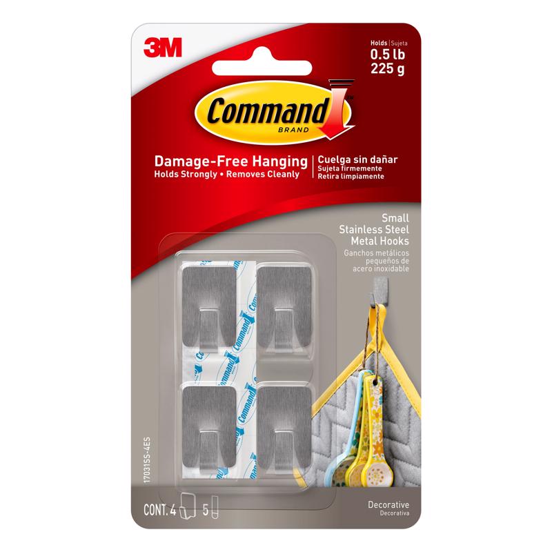 3M Command Stainless Steel Metal Small Hook 0.5 lb. cap. 4 pk