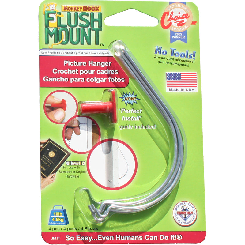 Monkey Hook Flush-Mount Galvanized Silver Picture Hanger 10 lb 4 pk