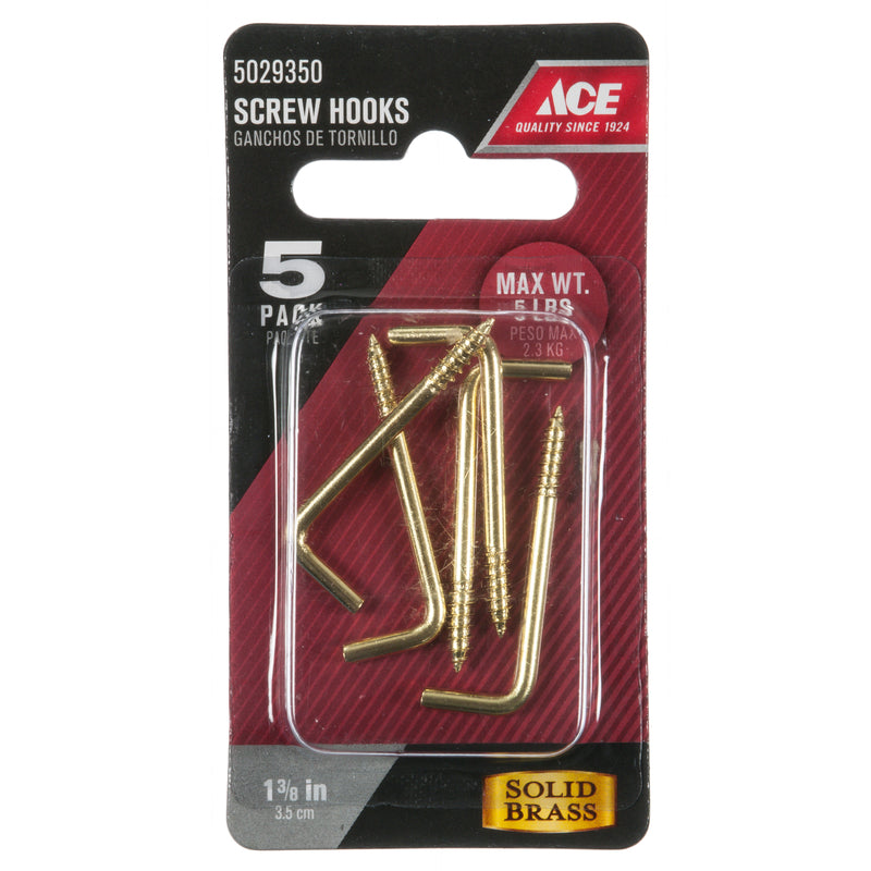 Ace Small Polished Brass Green Brass 1.375 in. L Square Bend Screw Hook 5 lb 5 pk