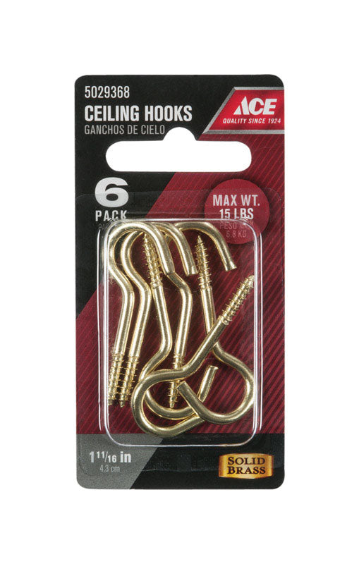 Ace Small Polished Brass Gold Brass 1.6875 in. L Ceiling Hook 15 lb 6 pk