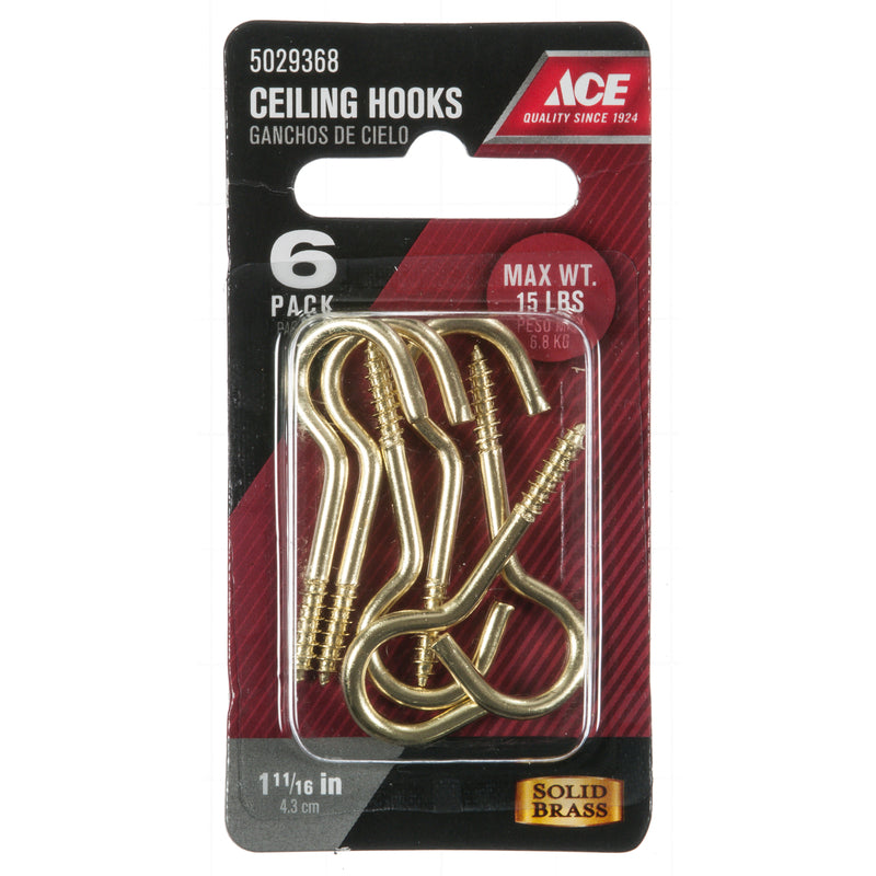 Ace Small Polished Brass Gold Brass 1.6875 in. L Ceiling Hook 15 lb 6 pk