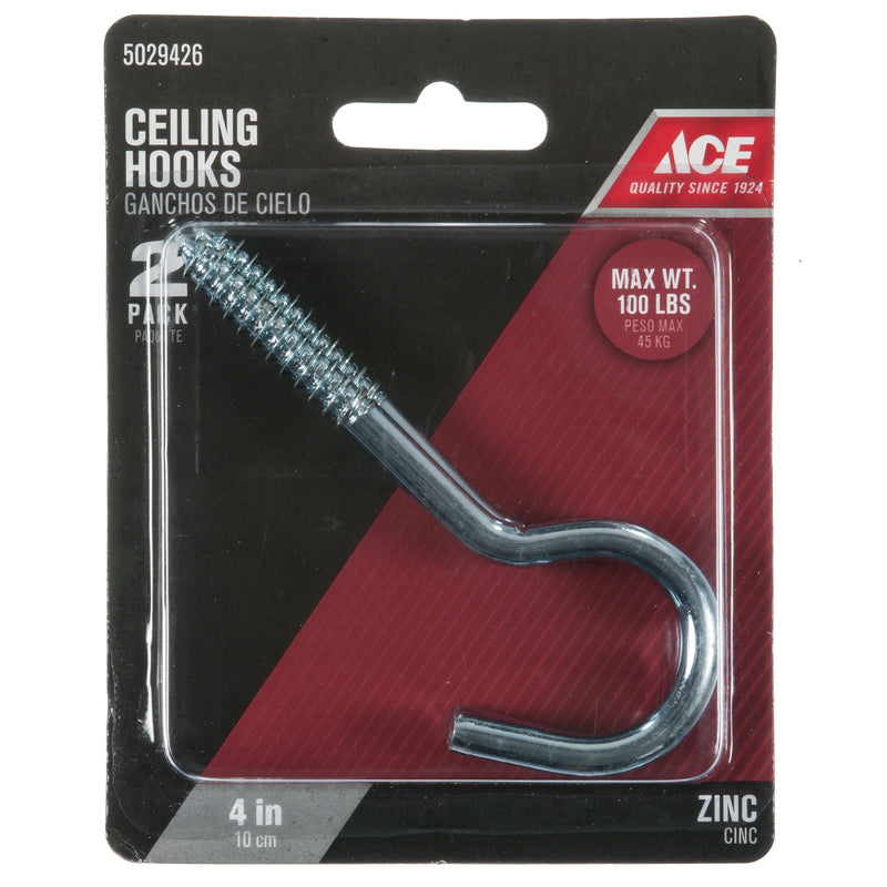 Ace Small Zinc-Plated Silver Steel 4.0625 in. L Ceiling Hook 100 lb 2 pk