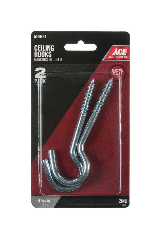 Ace Small Zinc-Plated Silver Steel 4.5625 in. L Ceiling Hook 160 lb 2 pk