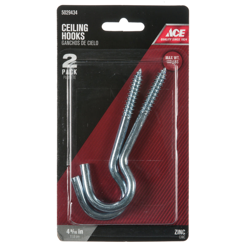 Ace Small Zinc-Plated Silver Steel 4.5625 in. L Ceiling Hook 160 lb 2 pk