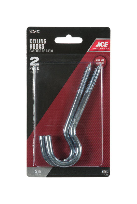 Ace Small Zinc-Plated Silver Steel 5 in. L Ceiling Hook 200 lb 2 pk