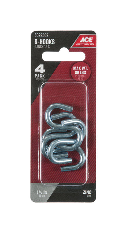 Ace Small Zinc-Plated Silver Steel 1.5 in. L S-Hook 80 lb 4 pk
