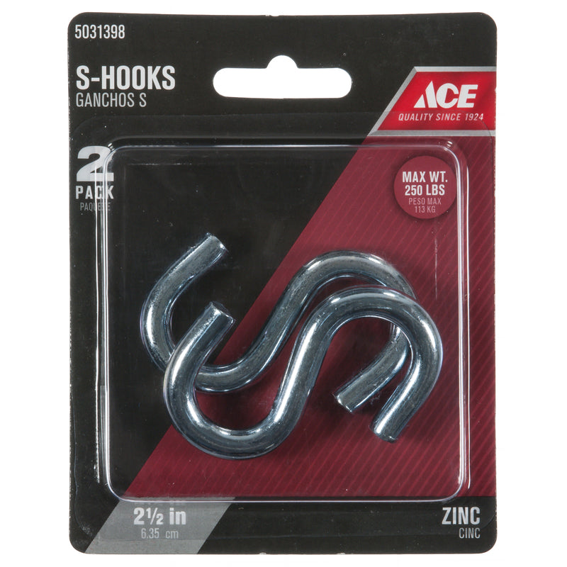 Ace Small Zinc-Plated Silver Steel 2.5 in. L S-Hook 250 lb 2 pk
