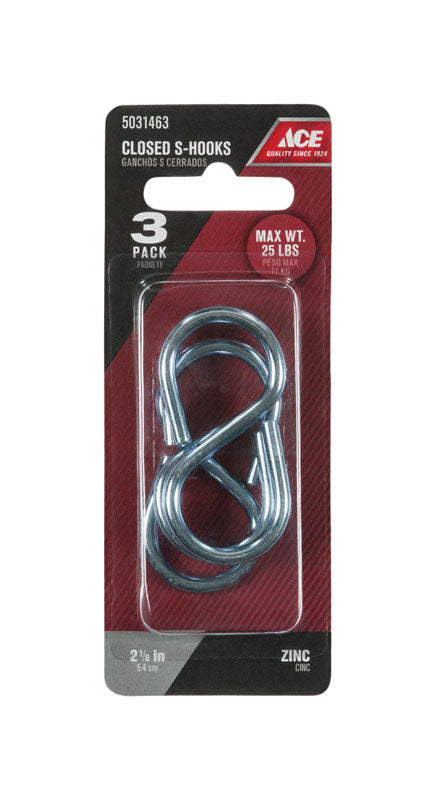Ace Small Zinc-Plated Silver Steel 2-1/8 in. L Closed S-Hook 25 lb 3 pk