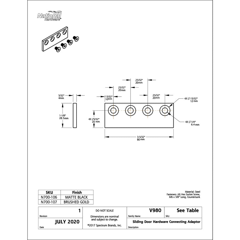 National Hardware 3-1/8 in. L Brushed Gold Steel Sliding Door Hardware Connecting Adapter 1 pk