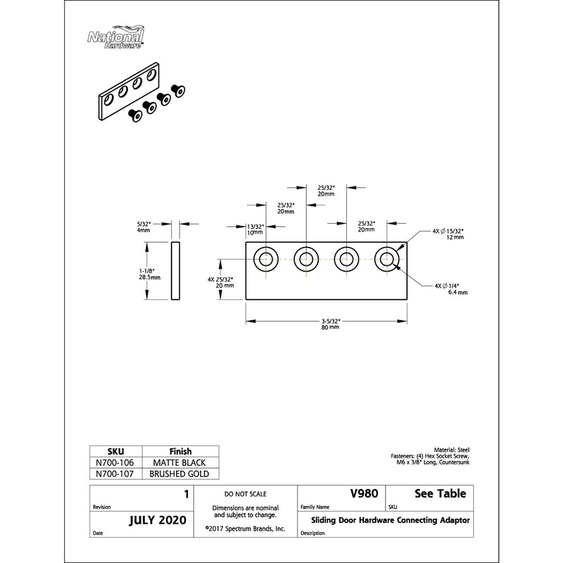 National Hardware 3-1/8 in. L Matte Black Steel Sliding Door Hardware Connecting Adapter 1 pk