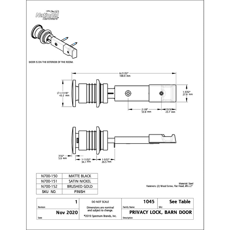 National Hardware Matte Steel/Zinc Sliding Door Lock