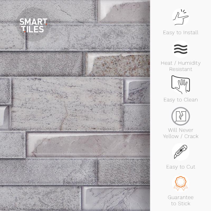 Smart Tiles 11.4 in. W X 22.5 in. L Gray Multiple Finish (Mosaic) Vinyl Adhesive Wall Tile 2 pc