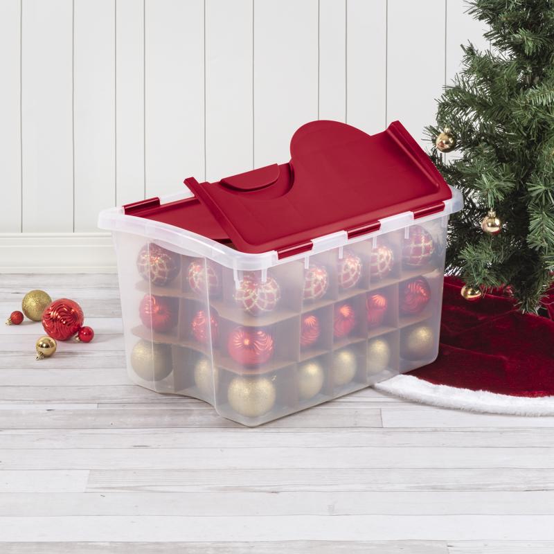 Sterilite 48 qt Clear/Red Ornament Storage Box w/Hinged Lid 13.13 in. H X 22.38 in. W X 15.88 in. D