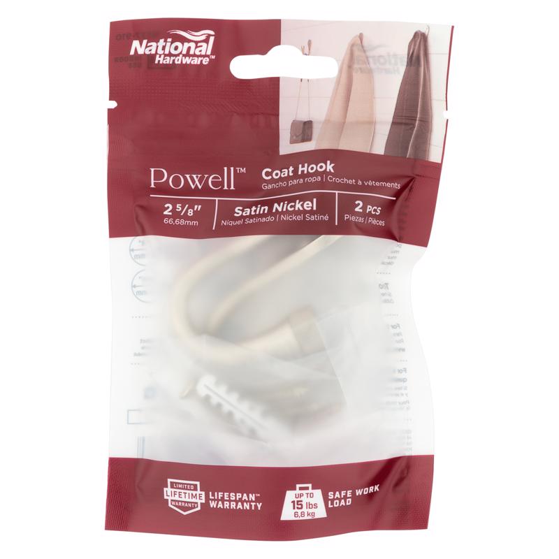 National Hardware Powell Medium Satin Nickel Silver Aluminum 2-5/8 in. L Knurled Hook 60 lb 1 pk