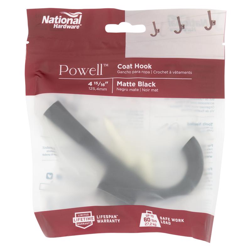 National Hardware Powell Medium Matte Black Black Aluminum 4-15/16 in. L Angled Hook 60 lb 1 pk