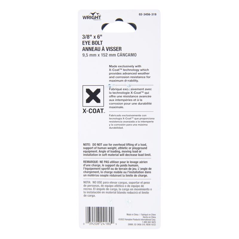 Wright 3/8 in. X 6 in. L Black Steel Eyebolt Nut Included