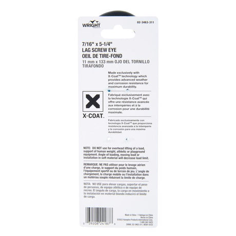 Wright 7/16 in. D X 5-1/4 in. L Black Steel Lag Screw Eye 325 lb 1 pk