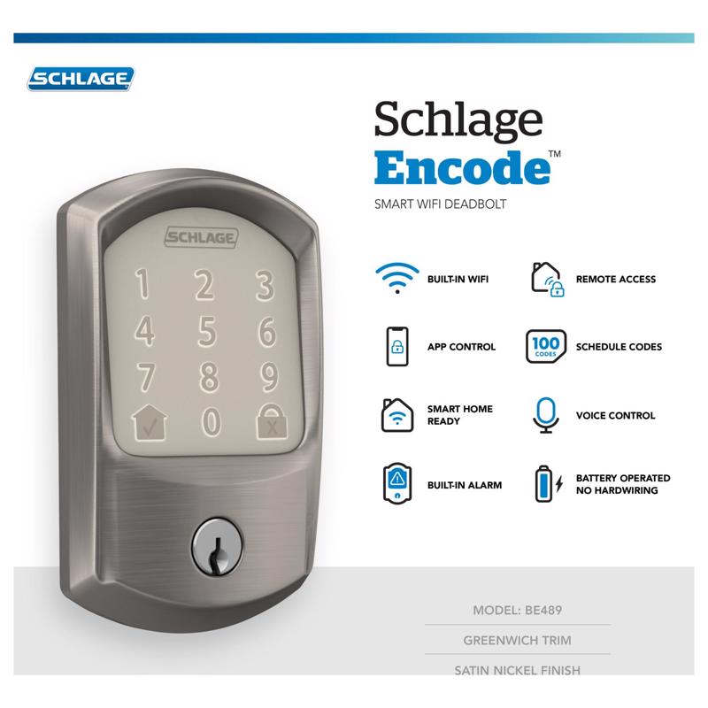 Schlage Encode Satin Nickel Metal WiFi Deadbolt with Greenwich Trim