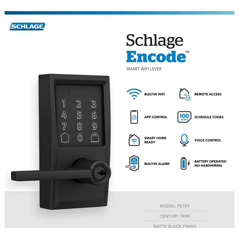 Schlage Encode Matte Black Metal WiFi Deadbolt with Latitude Lever