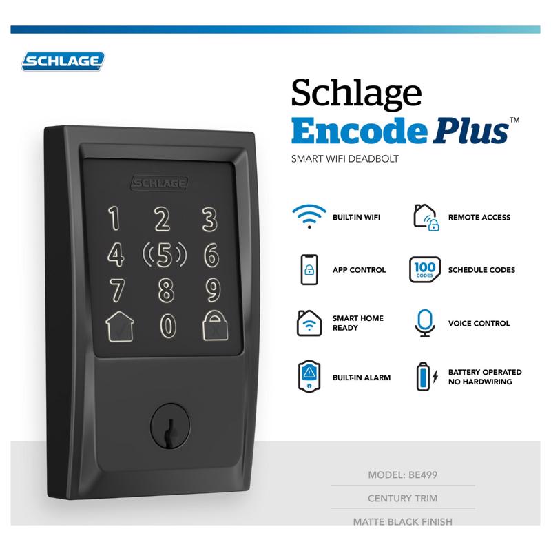 Schlage Encode Plus Matte Black Metal WiFi Deadbolt with Century Trim