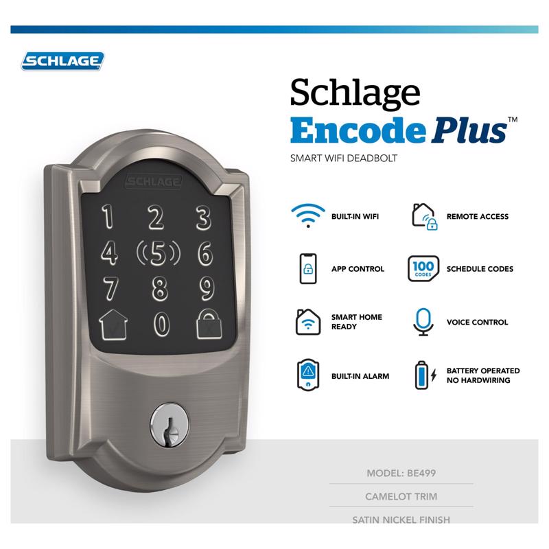 Schlage Encode Plus Satin Nickel Metal WiFi Deadbolt with Camelot Trim