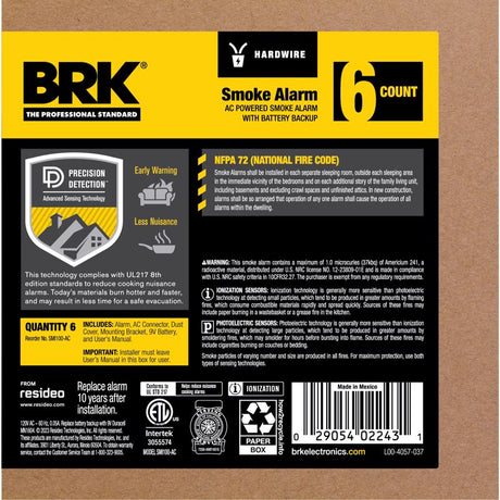 BRK 6 PK Hard-Wired w/Battery Back-up Ionization Smoke Detector