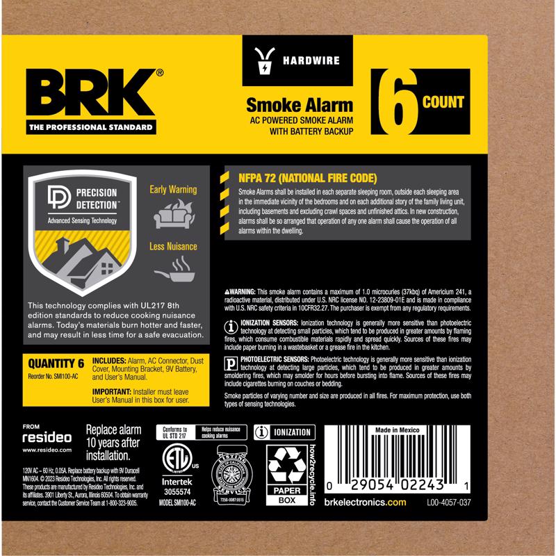 BRK 6 PK Hard-Wired w/Battery Back-up Ionization Smoke Detector