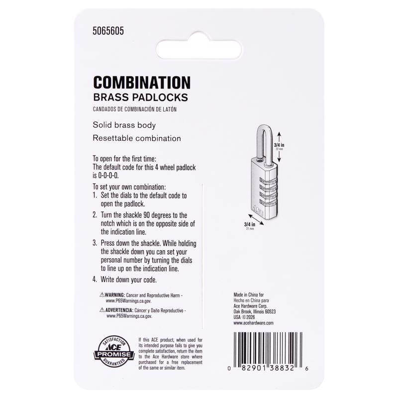 Ace 1-3/8 in. H X 3/4 in. W X 3/8 in. L Brass 4-Dial Combination Padlock