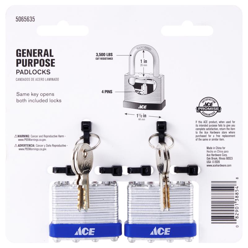 Ace 1-1/4 in. H X 1-1/2 in. W X 1  L Laminated Steel 4-Pin Tumbler Padlock