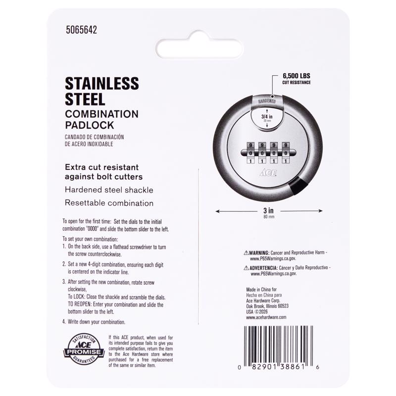 Ace 1-7/8 in. H X 3 in. W X 7/8  L Stainless Steel 4-Digit Combination Disk Padlock
