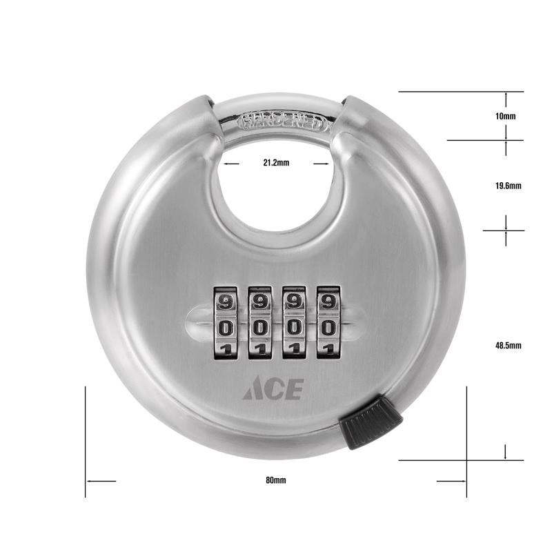 Ace 1-7/8 in. H X 3 in. W X 7/8  L Stainless Steel 4-Digit Combination Disk Padlock