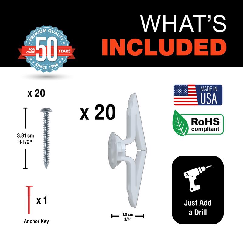 Toggler 3/4 in. D X 1-13/16 in. L Plastic Flat Head Drywall Anchors 20 pc