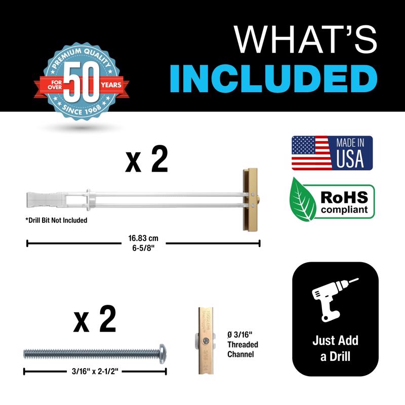 Toggler 3/16 in. D X 6-5/8 in. L Round Zinc-Plated Steel Toggle Bolt 2 pk