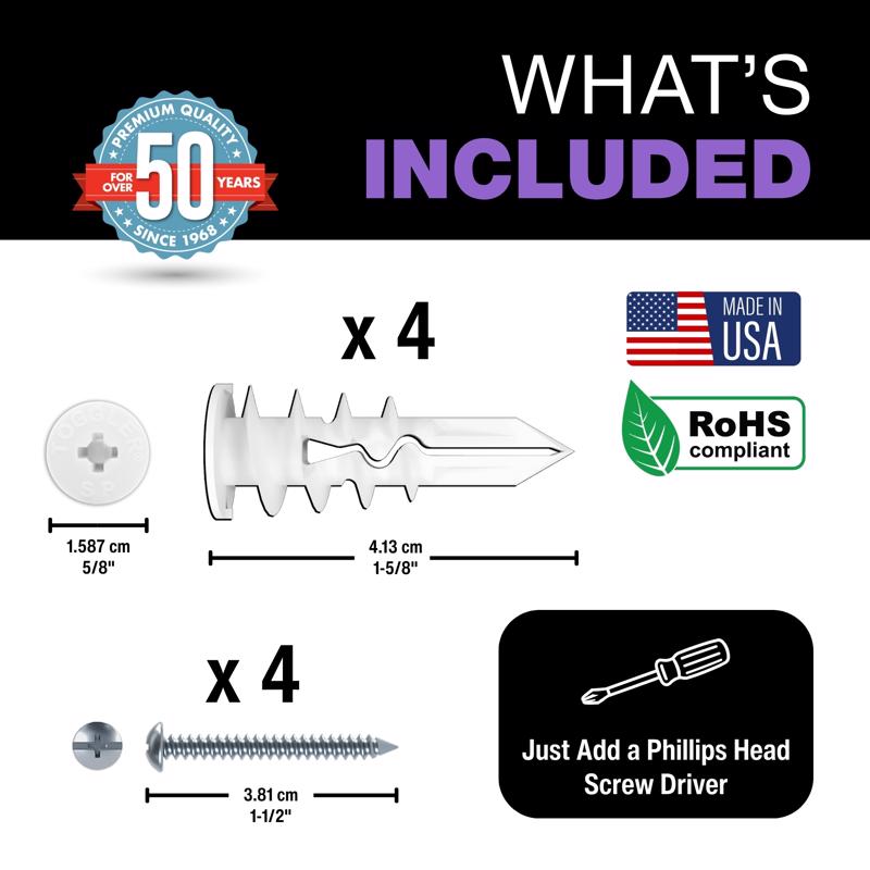 Toggler 5/8 in. D X 1-5/8 in. L Nylon Phillips Head Drywall Anchors 4 pc