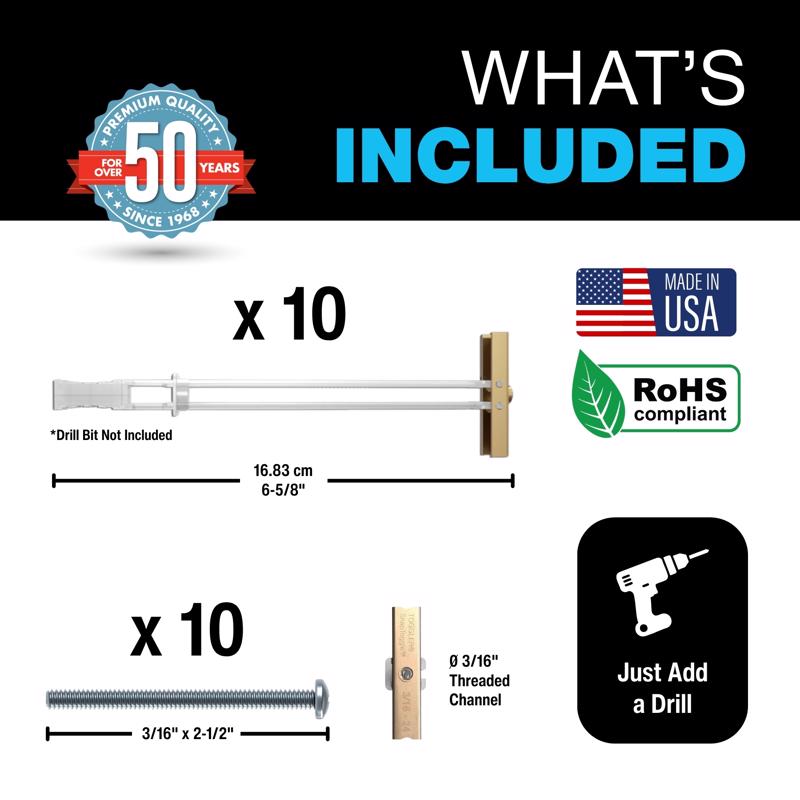 Toggler 3/8 in. D X 3-5/8 in. L Round Zinc-Plated Plastic Toggle Bolt 10 pk