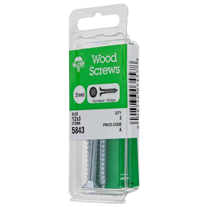 Hillman No. 12 X 3 in. L Phillips Zinc-Plated Wood Screws 3 pk